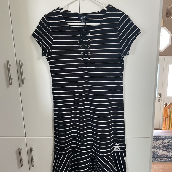 Chaps Black Stripes Flounce Hem Dress US S - Picture 2 of 5